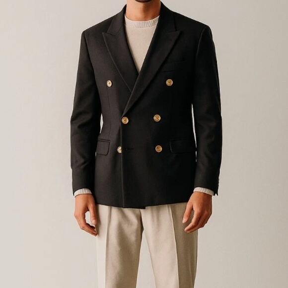 NEW! H&M Men's 34R Double Breasted Old Money Blazer Jacket Gold Buttons Black - Picture 1 of 9